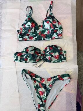 Victoria's Secret Tropical Floral Bikini Set - Green & Red Accent WITH 2 TOPS